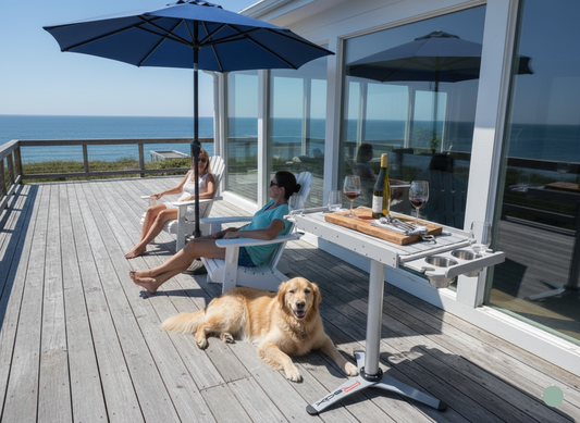 Two women sitting on a deck with a dog, enjoying a meal outdoors.