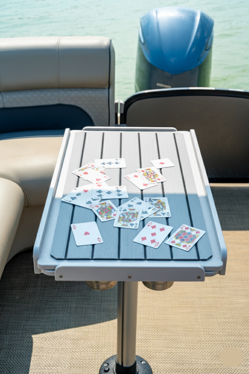 Table with playing cards on a boat with water in the background