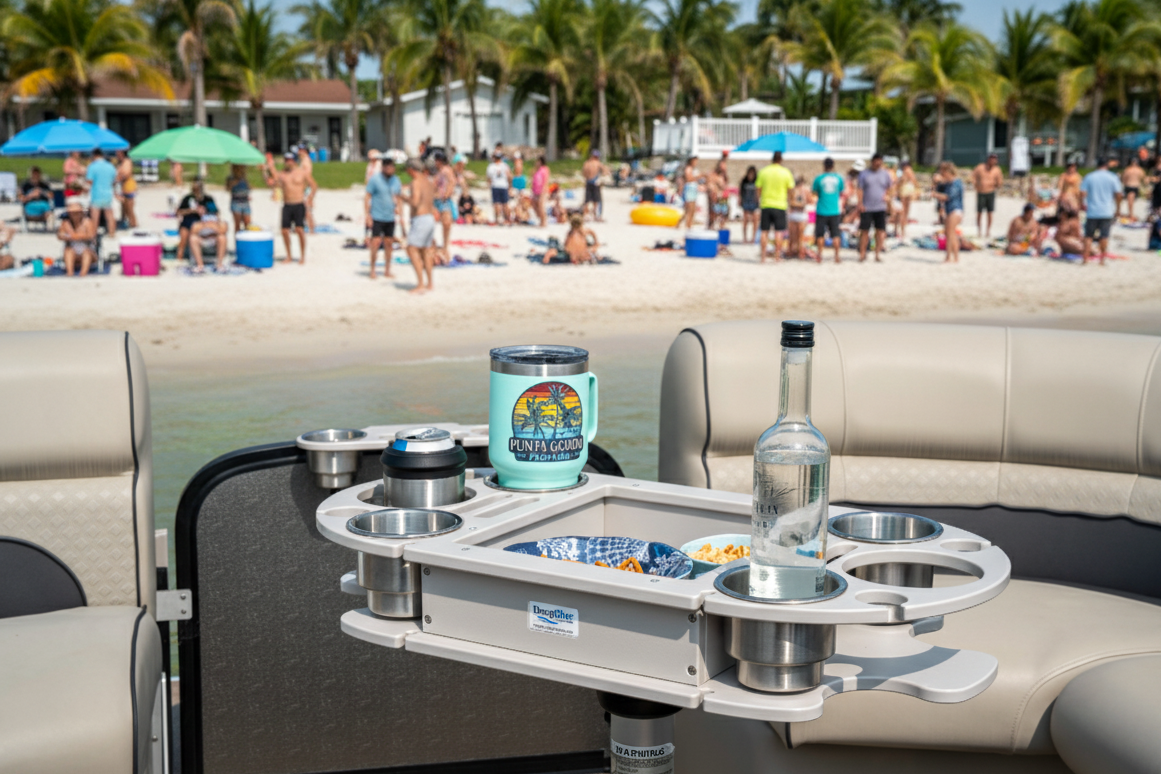 Patio table with drink holders on a boat, beach in the background