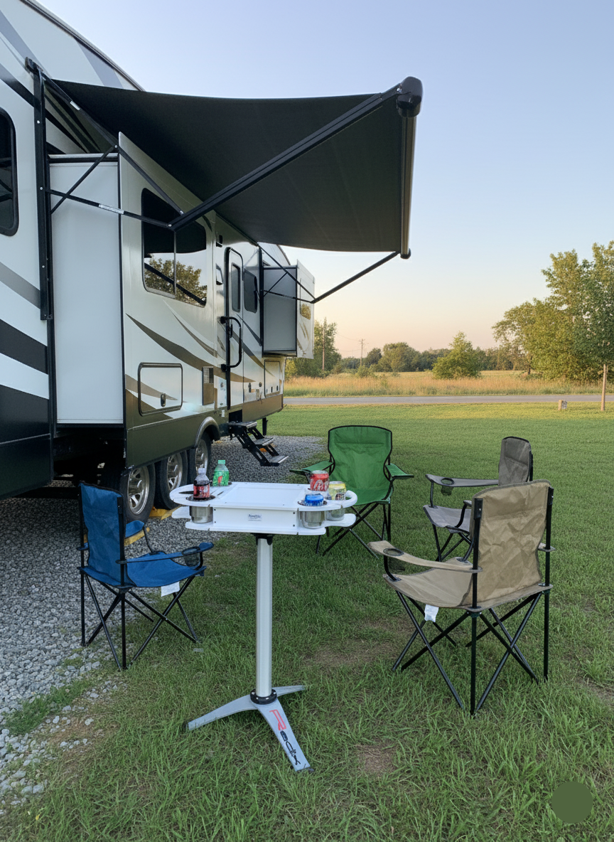 Outdoor setup with RV, table, and chairs in a grassy area.