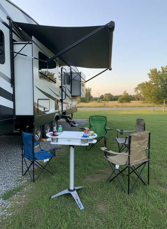 Outdoor setup with RV, table, and chairs in a grassy area.