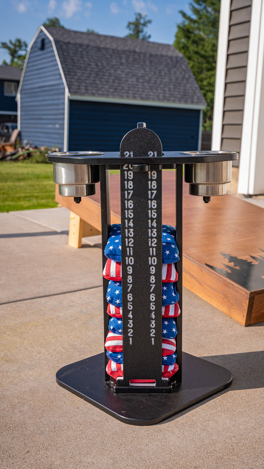 Cornhole Scoreboard and Bag Caddy - with Drink Holders