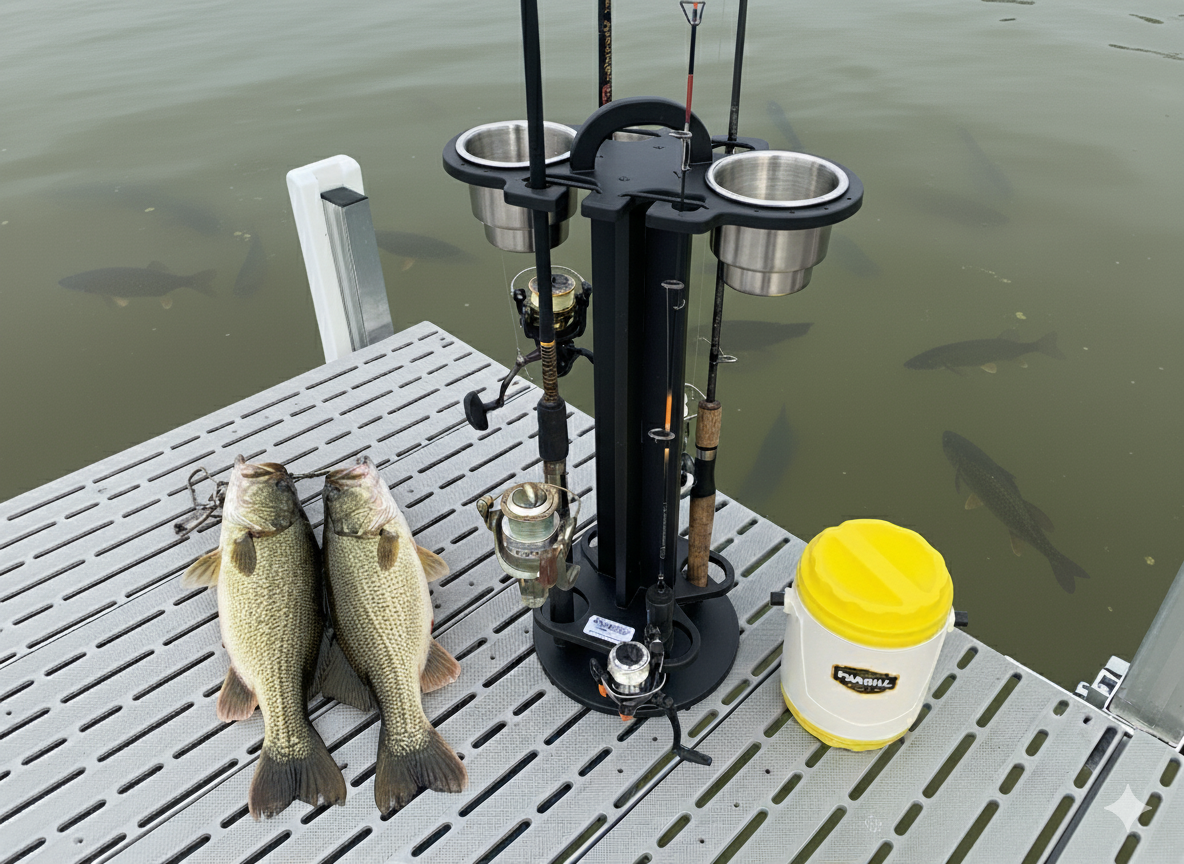 4 Place Fishing Rod Caddy - 4 Rod Holder with Cup Holders