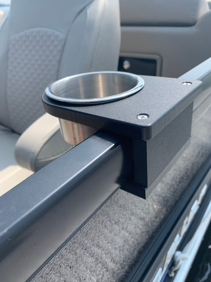 Load image into Gallery viewer, Black pontoon Boat Rail Cup Holder mounted on rail
