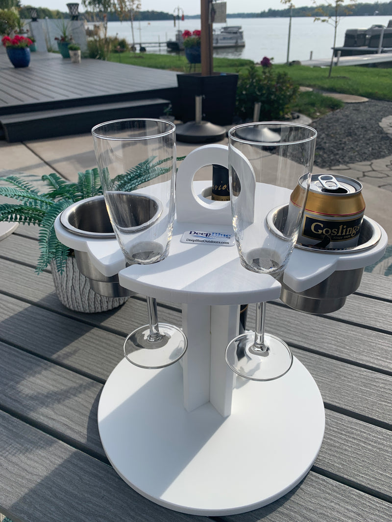 Load image into Gallery viewer, White Table Top Cup and Wine glass holder placed outdoors with soda cans
