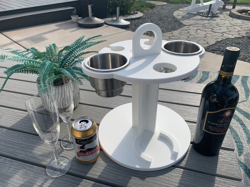 Load image into Gallery viewer, White Table Top Cup and Wine glass holder placed outdoors
