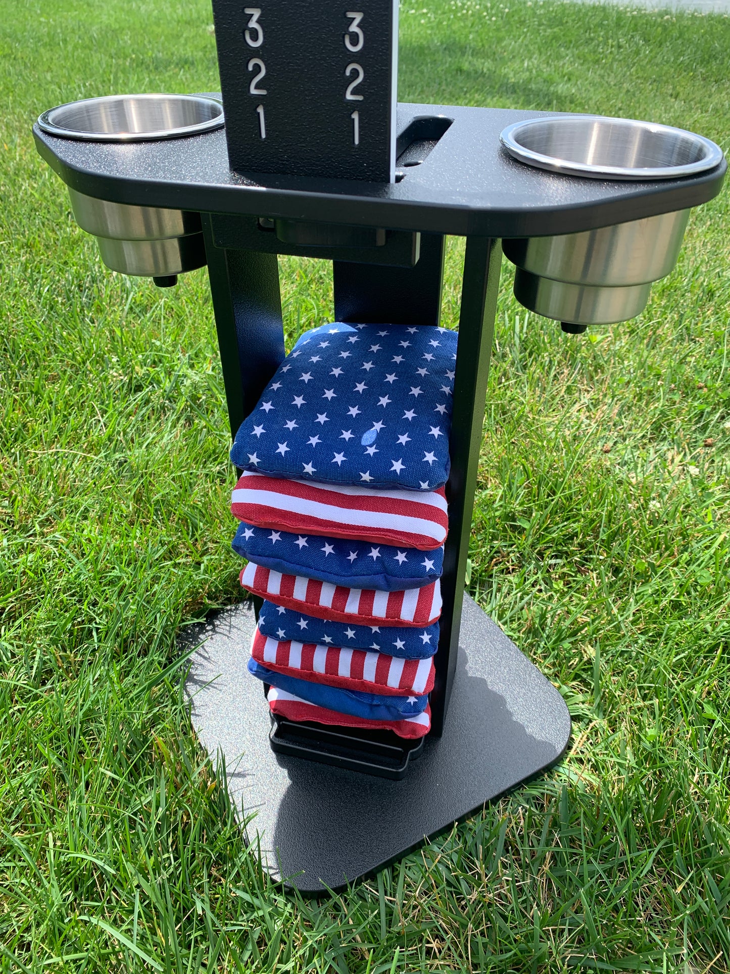 Cornhole Scoreboard and Bag Caddy - with Drink Holders