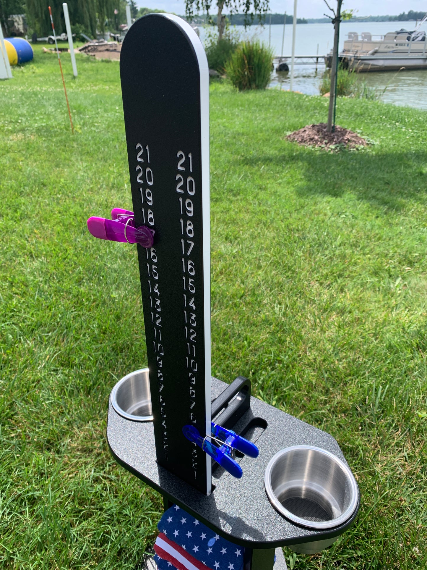 Cornhole Scoreboard and Bag Caddy - with Drink Holders