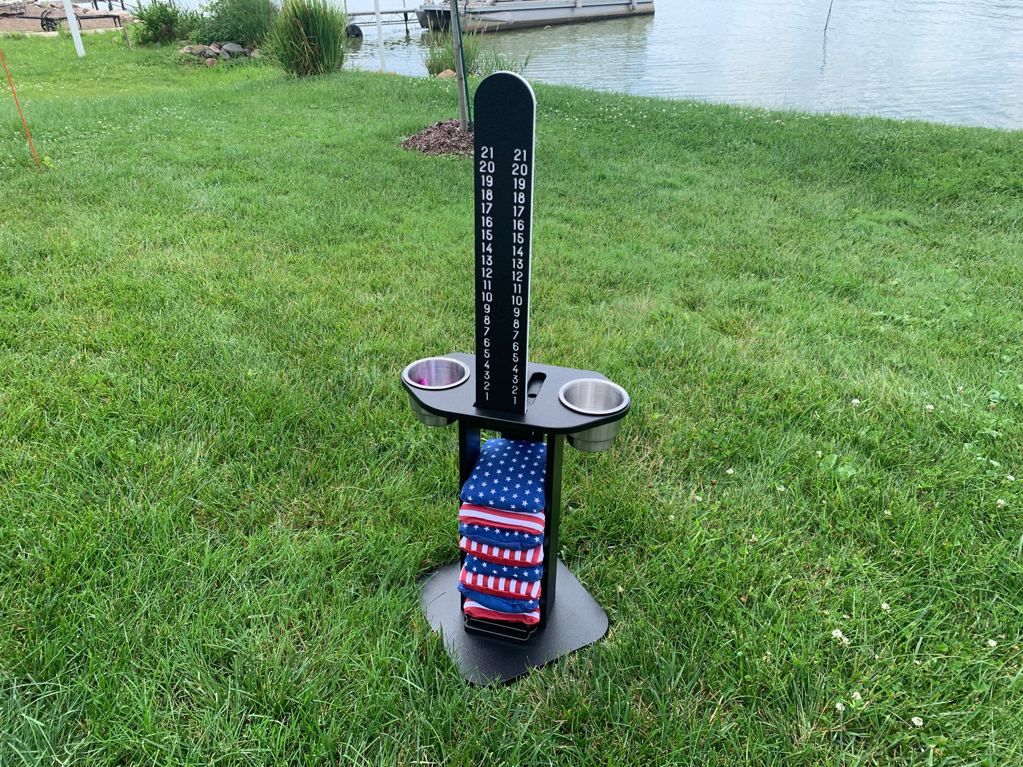 Cornhole Scoreboard and Bag Caddy - with Drink Holders