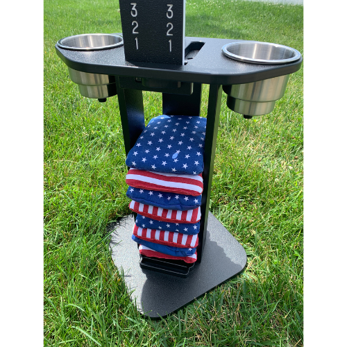 Load image into Gallery viewer, Cornhole Scoreboard and Bag Caddy with Drink Holders
