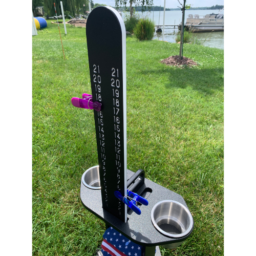 Cornhole Scoreboard and Bag Caddy with Drink Holders