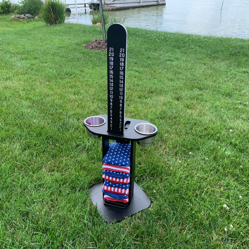 Load image into Gallery viewer, Cornhole Scoreboard and Bag Caddy with Drink Holders
