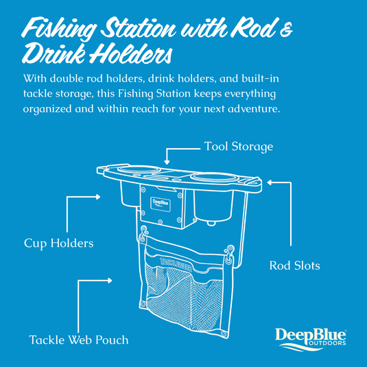 Fishing Station - with Double Rod and Drink Holders, Tool Storage and Tackle Web Pouch