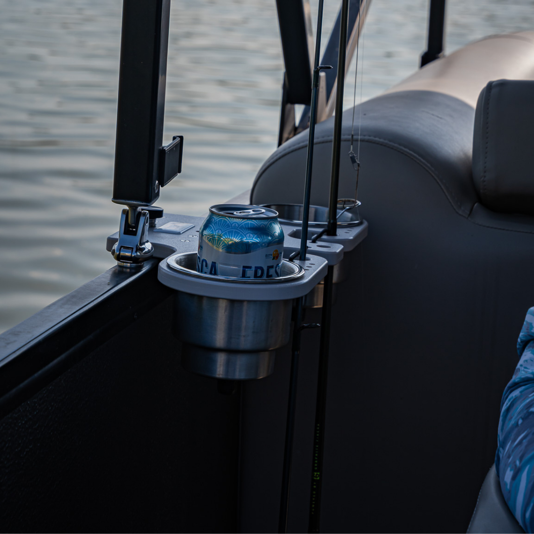 Pontoon Rail Double Rod and Cup Holder with Tool Organizer – No-Tool Install