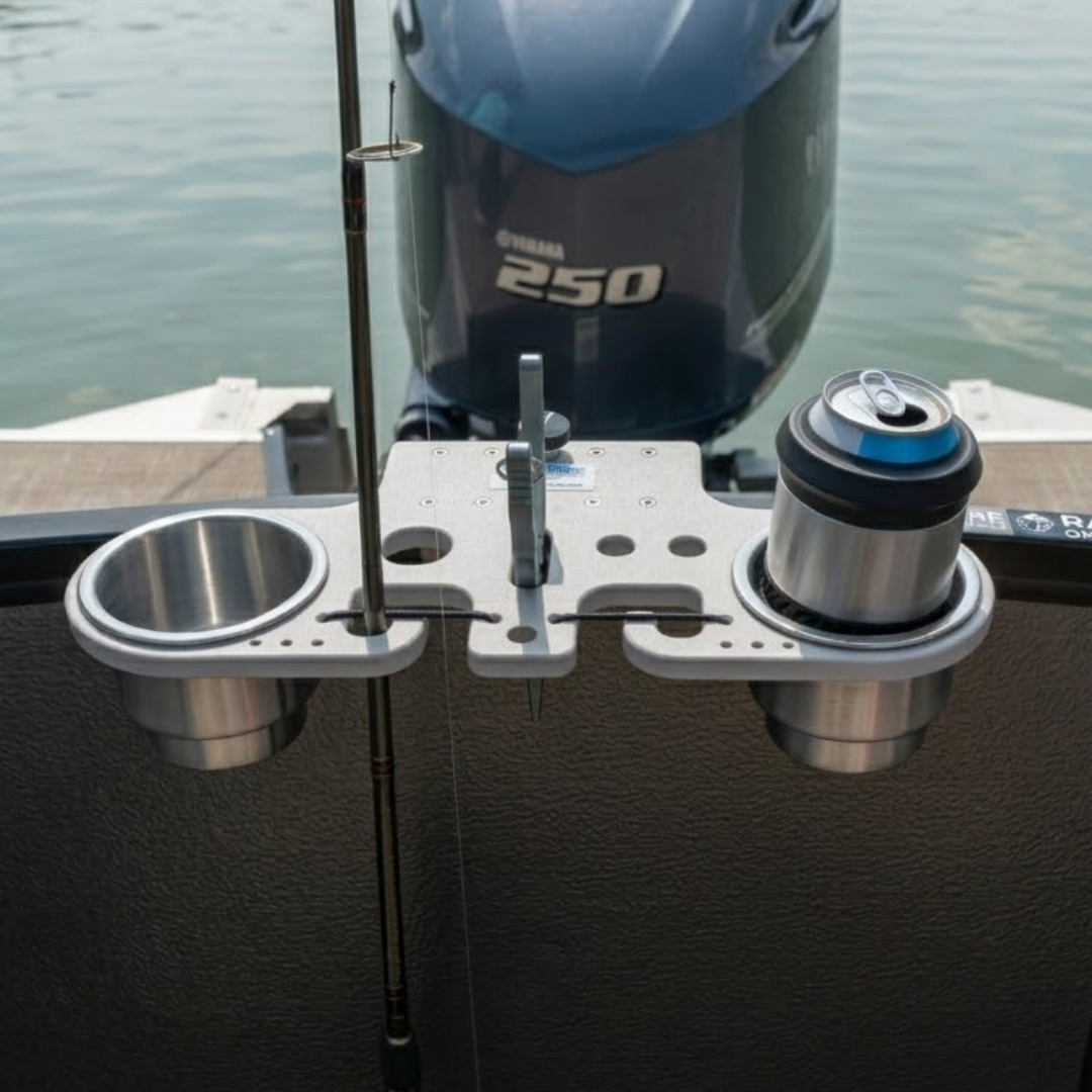 Pontoon Rail Double Rod and Cup Holder with Tool Organizer – No-Tool Install | USA Made
