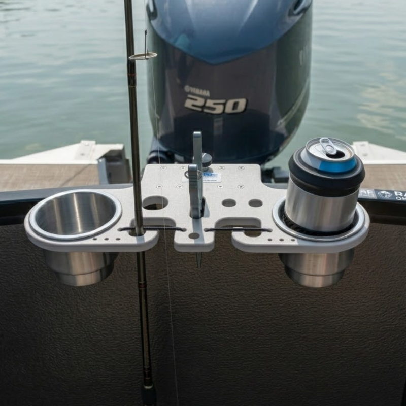 Load image into Gallery viewer, Pontoon Rail Double Rod and Cup Holder with Tool Organizer – No-Tool Install | USA Made
